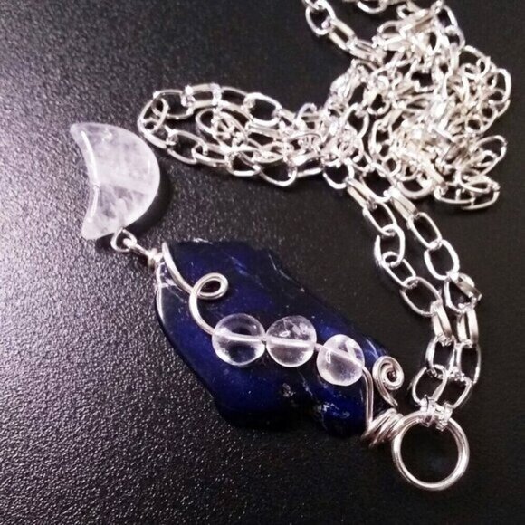 Dark Blue Sea Sediment Jasper & Quartz Drops + Quartz Moon Goddess Necklace - Picture 4 of 7
